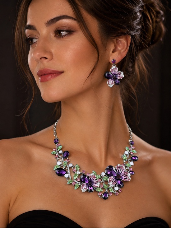 Big Jewelry Co Jewelry - Elegant Purple Floral Crystal Necklace and Earring Set